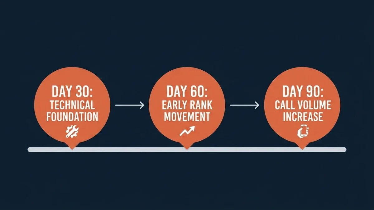 30/60/90-day SEO milestone timeline graphic