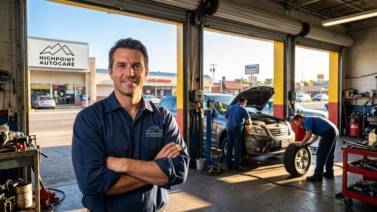 Auto repair shop owner with clean garage bays in background