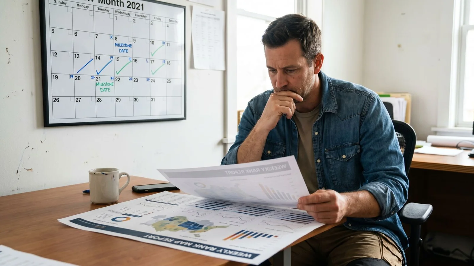 Calendar with SEO milestones and contractor reviewing weekly rank-map report