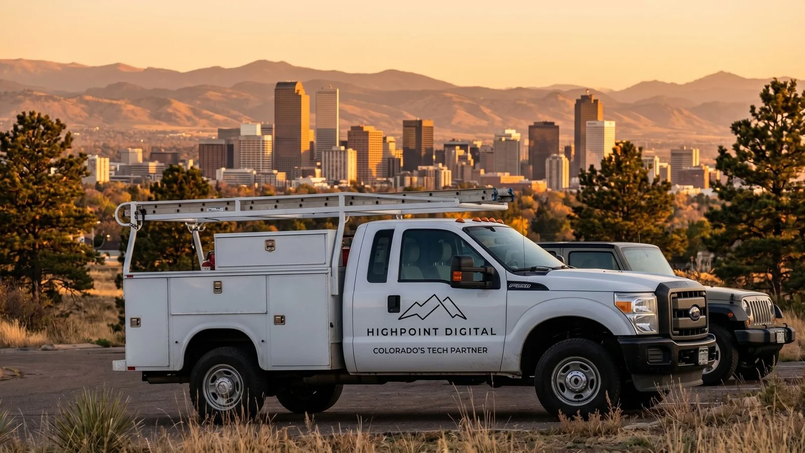 Colorado Front Range with Denver Metro skyline and contractor work truck