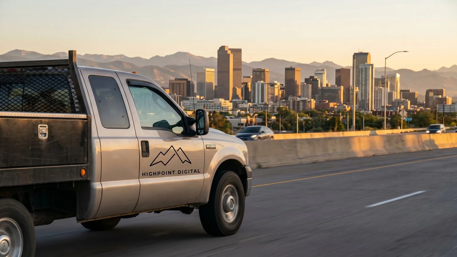 Colorado Front Range with Denver Metro skyline and contractor work truck