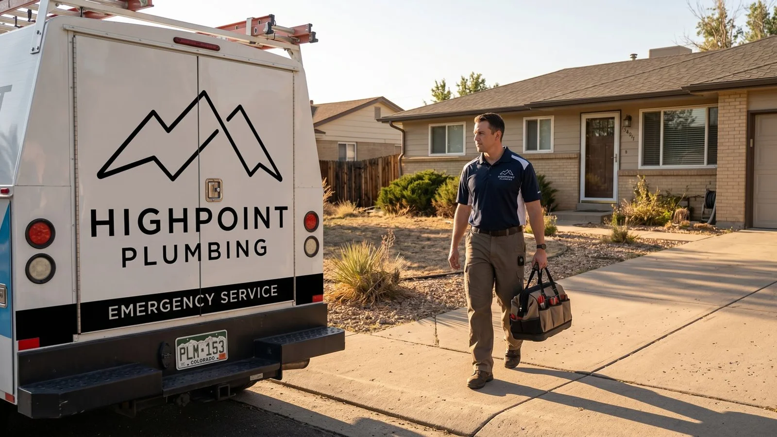 Colorado Water Works plumbing truck at Englewood job site