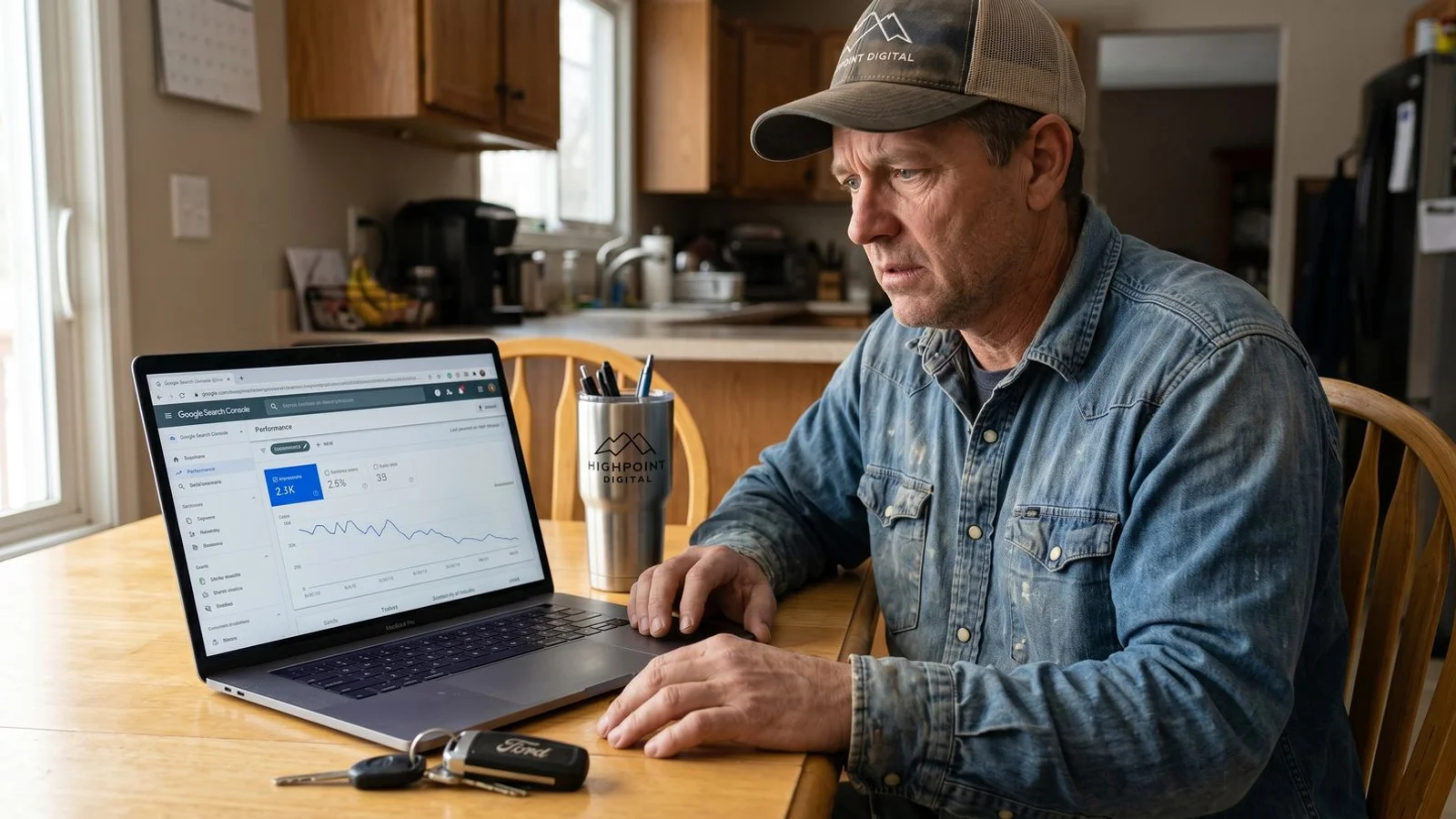 Contractor reviewing Search Console data with concerned expression