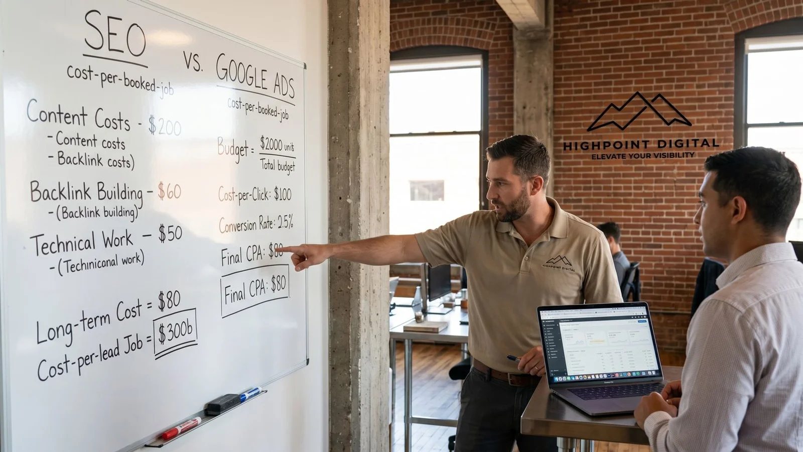 Contractor at whiteboard with cost-per-booked-job math for SEO vs Ads