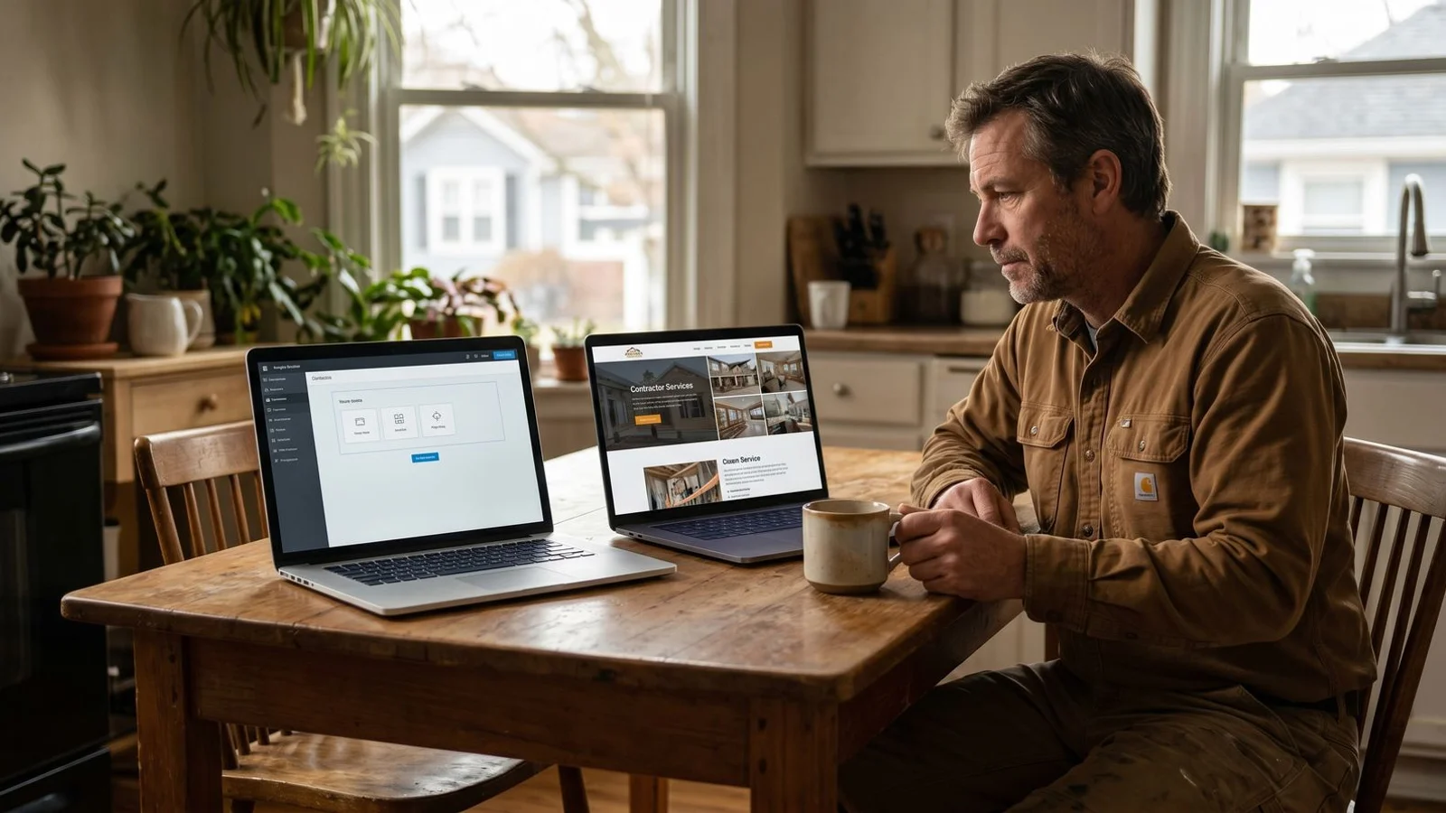 Contractor comparing DIY vs custom contractor website mockups