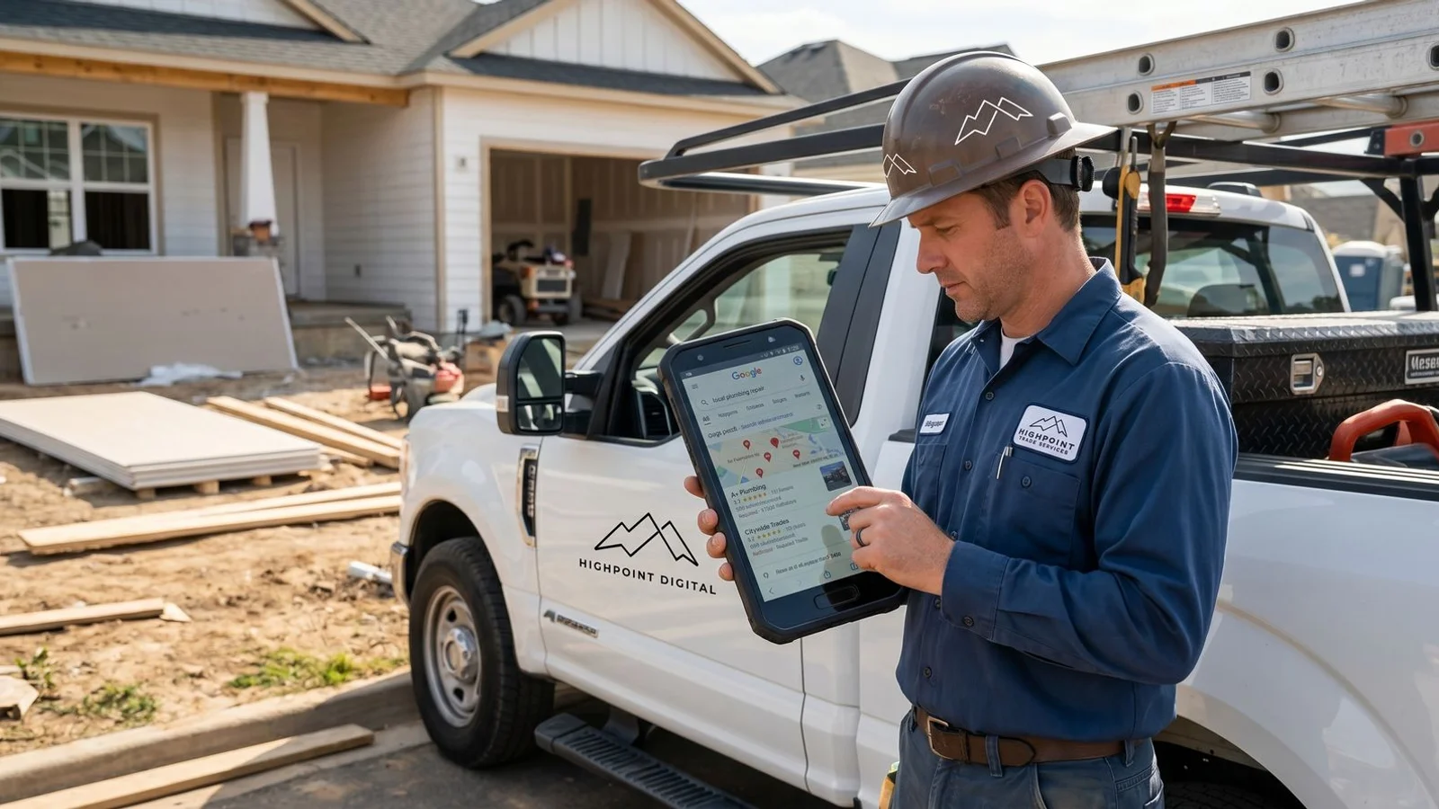 Contractor on phone with Google Maps search results visible