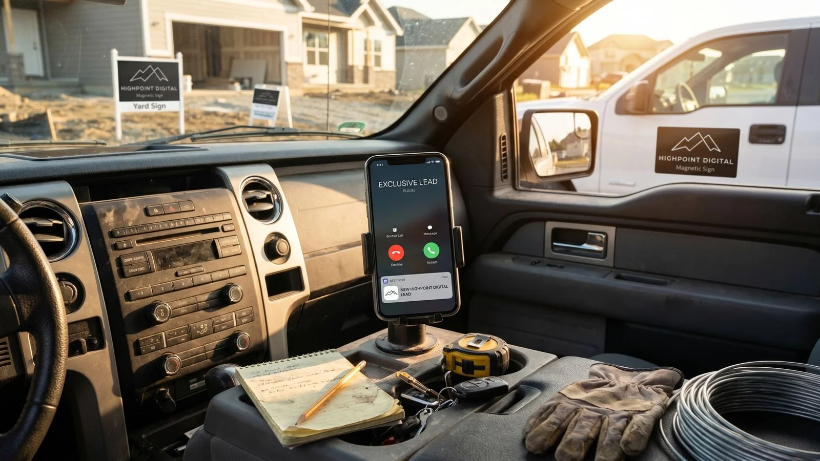 Contractor receiving exclusive lead call on phone next to work truck