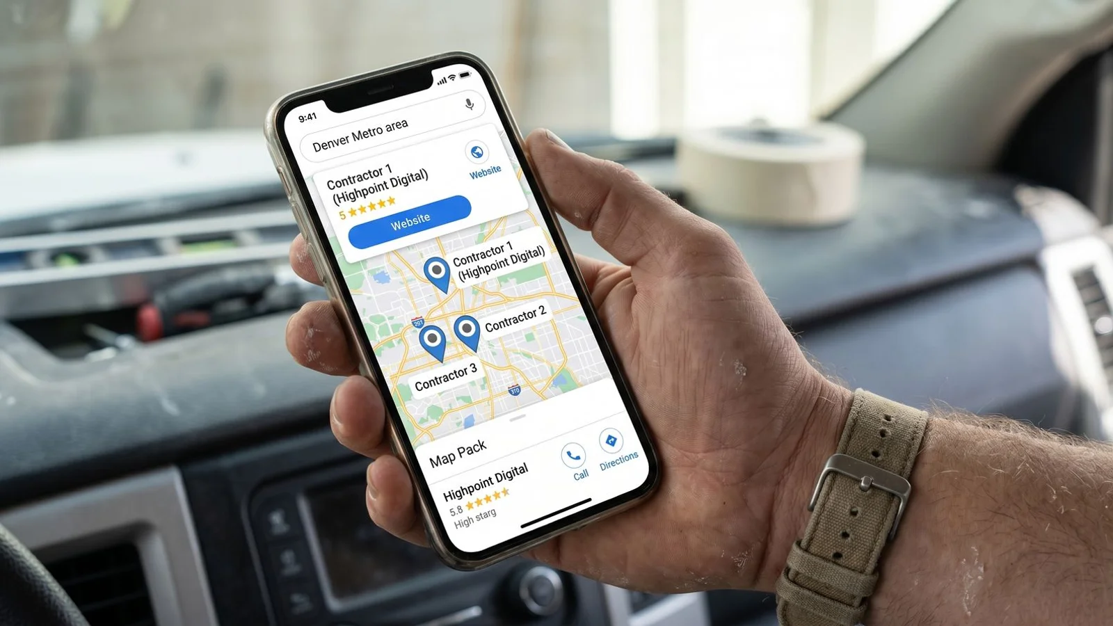 Phone showing Google Map Pack with contractor business ranking number one in Denver Metro area