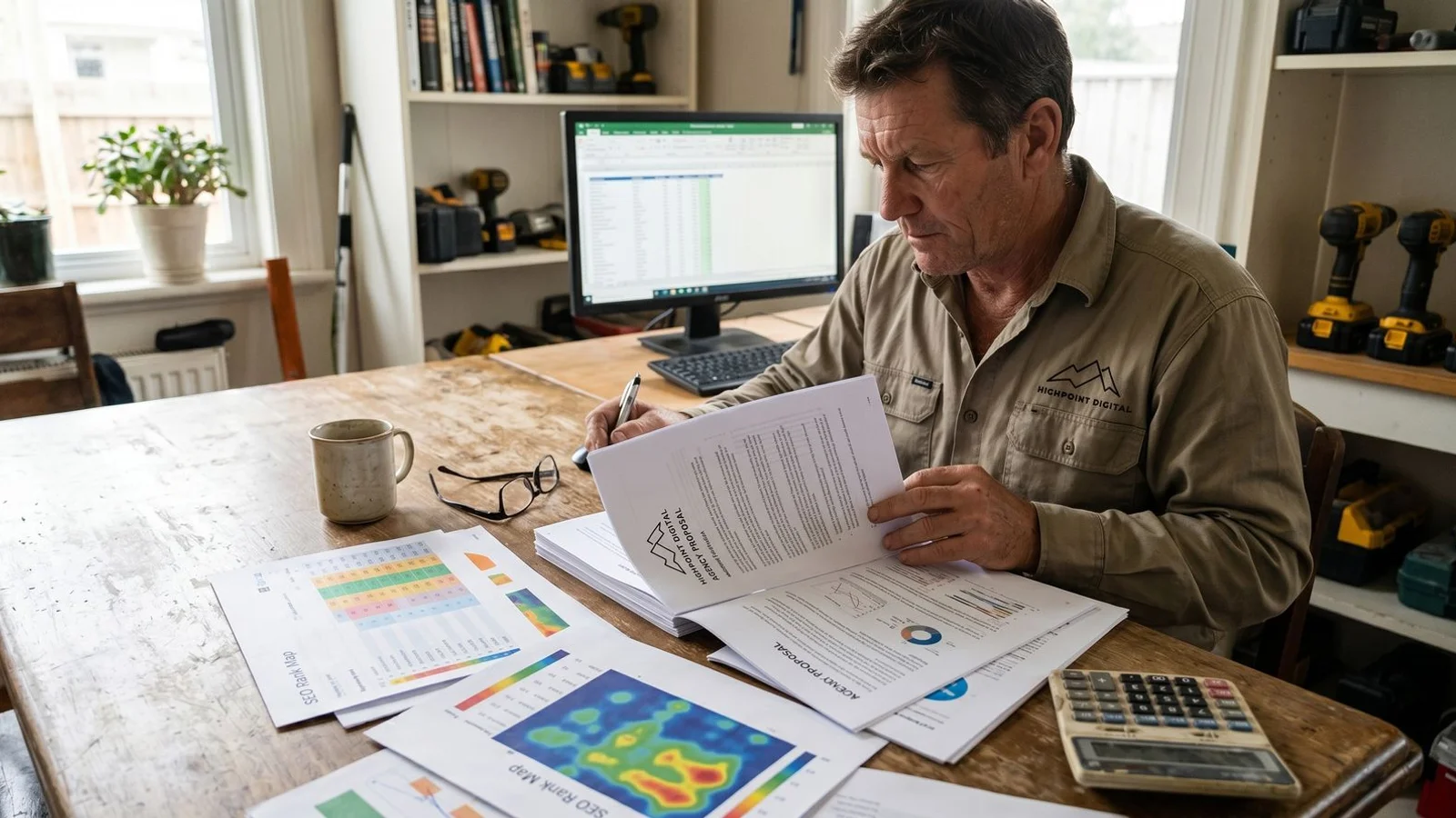 Contractor reviewing agency proposal at desk with rank-map printouts
