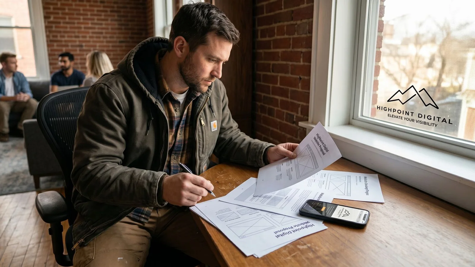 Contractor reviewing website proposal at desk