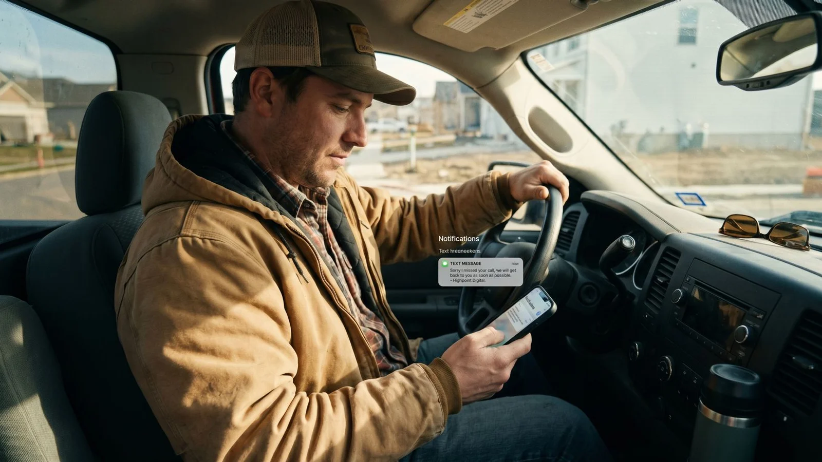 Contractor receiving missed-call text-back notification on phone in work truck