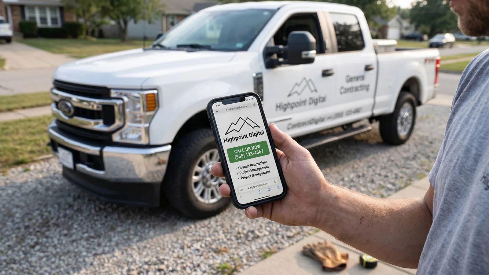 Contractor website on mobile phone with click-to-call button prominent in hero