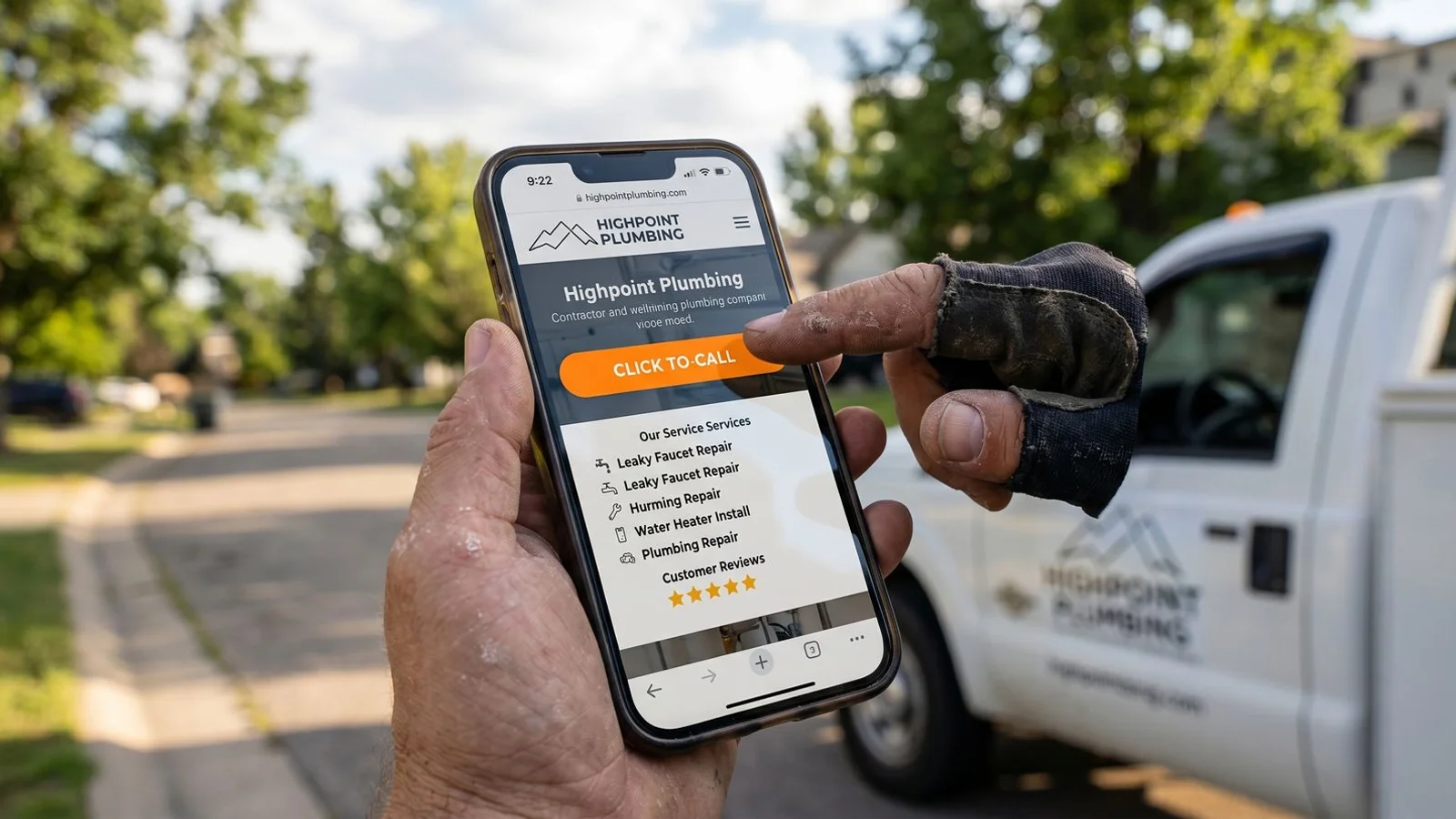 Contractor website on mobile phone with prominent click-to-call button