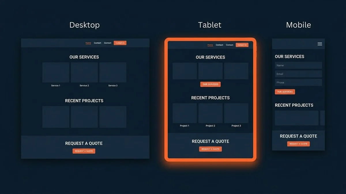 Contractor website design mockup showing desktop and mobile breakpoints