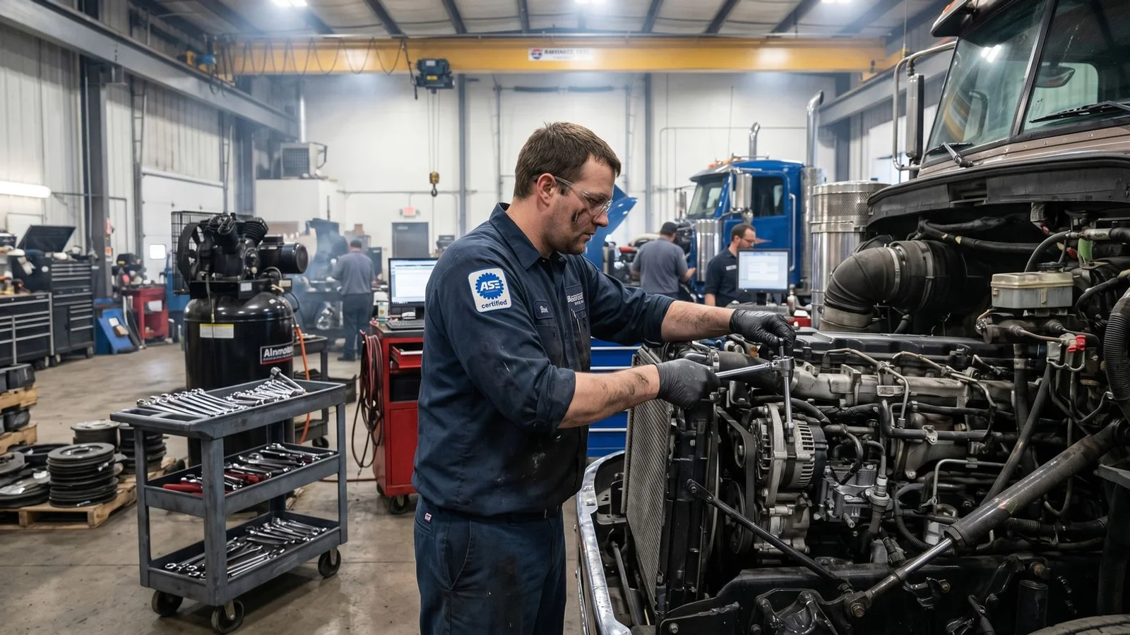 Diesel mechanic working on Class 8 truck in fleet maintenance bay