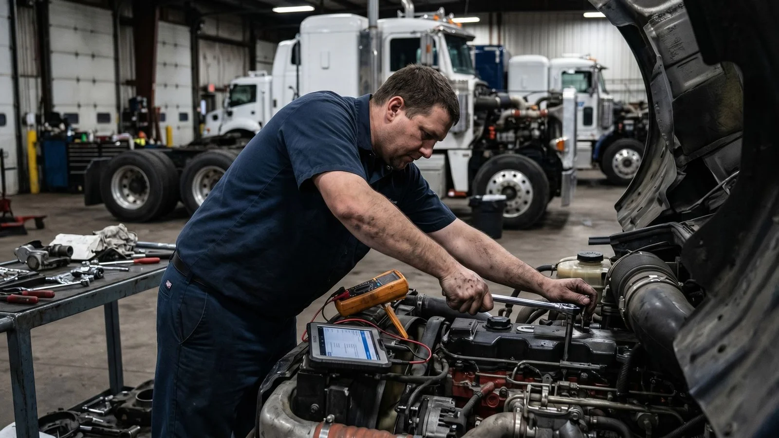 Diesel mechanic working on Class 8 truck