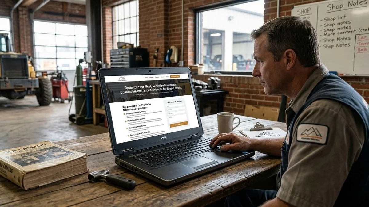 Diesel shop fleet maintenance landing page on laptop