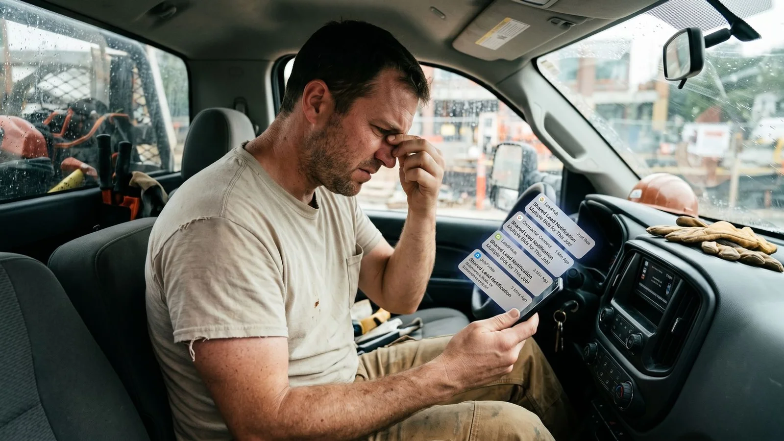 Frustrated contractor in work truck checking phone with multiple shared-lead notifications