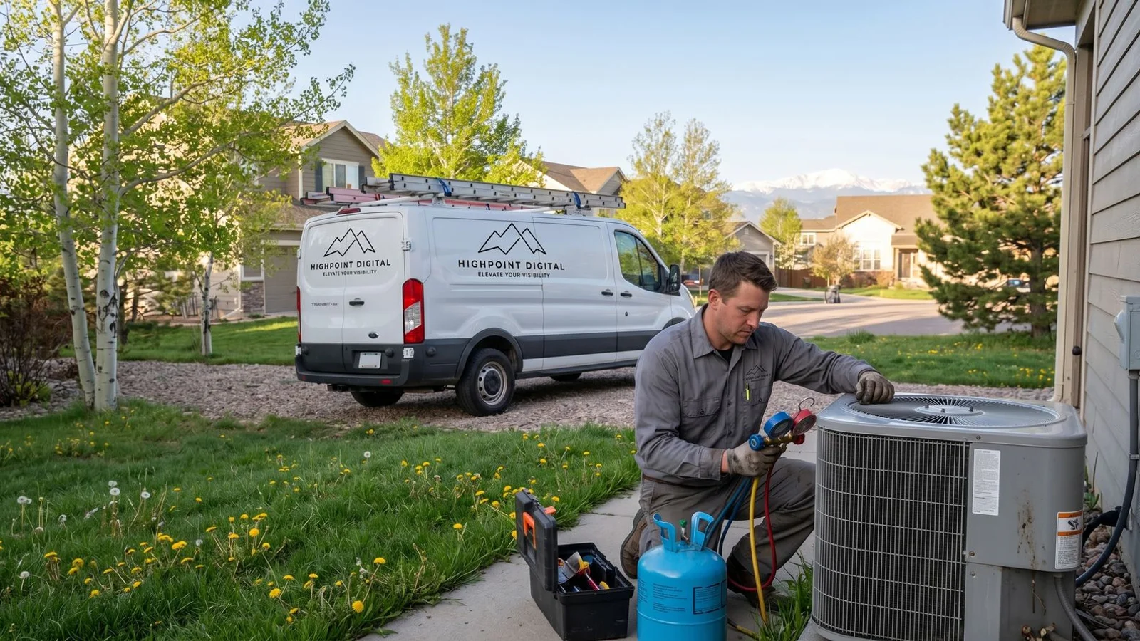HVAC technician servicing an outdoor condenser unit in spring