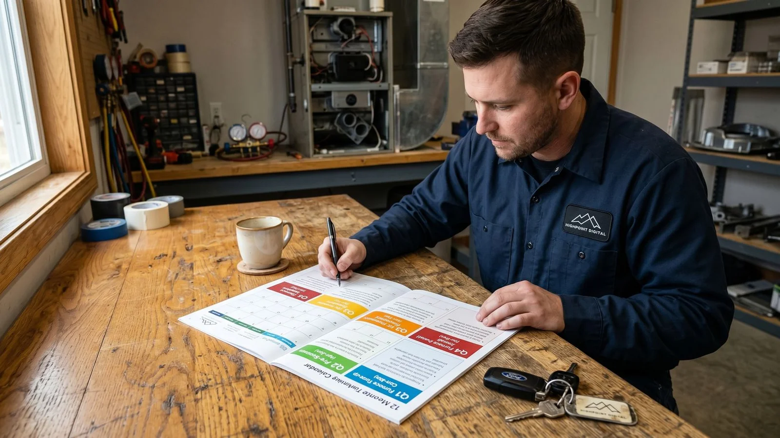 HVAC technician planning seasonal marketing calendar