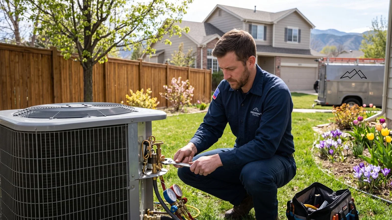 HVAC technician servicing outdoor AC unit in spring
