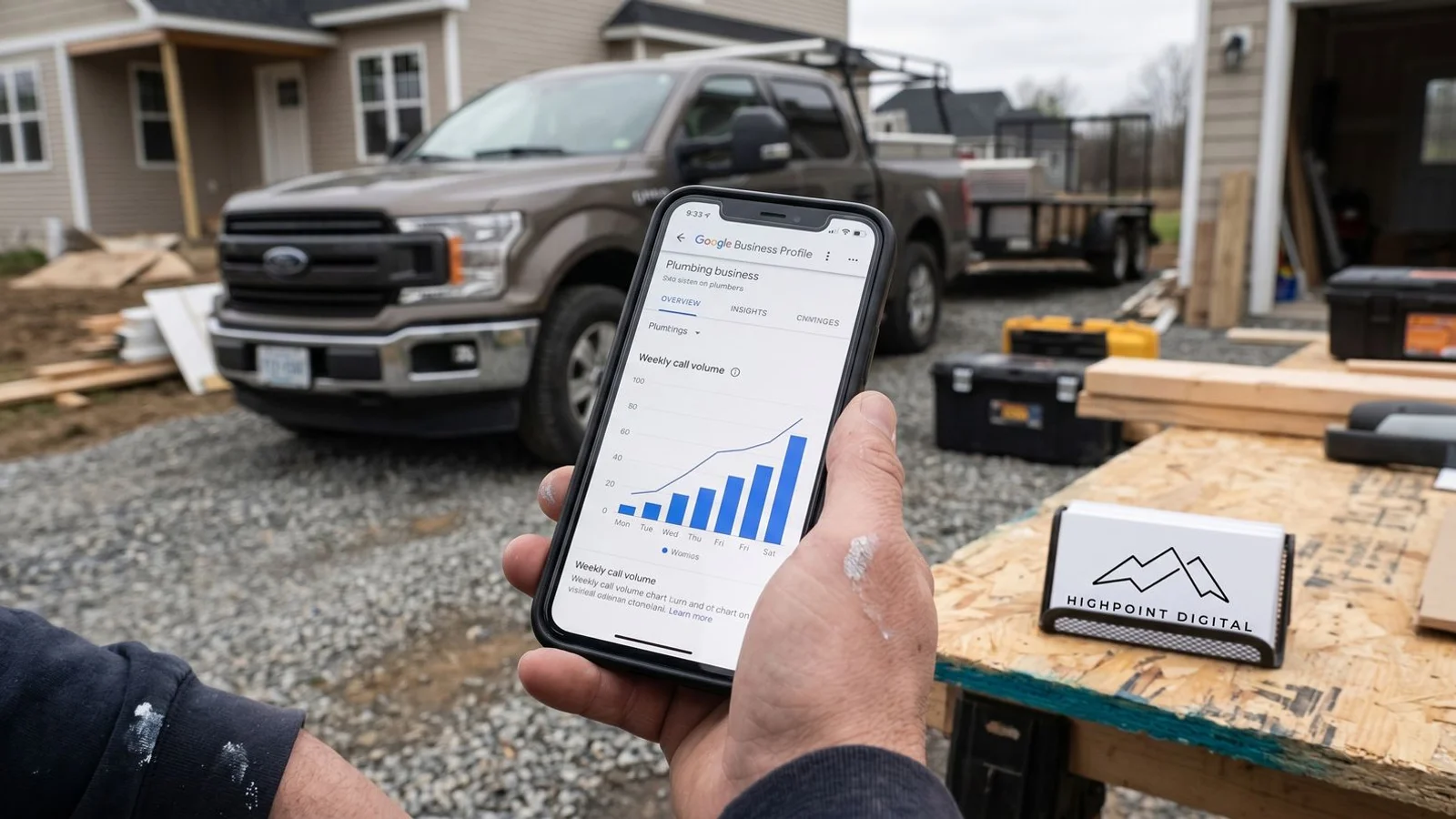 Phone displaying GBP insights dashboard, contractor reviewing performance