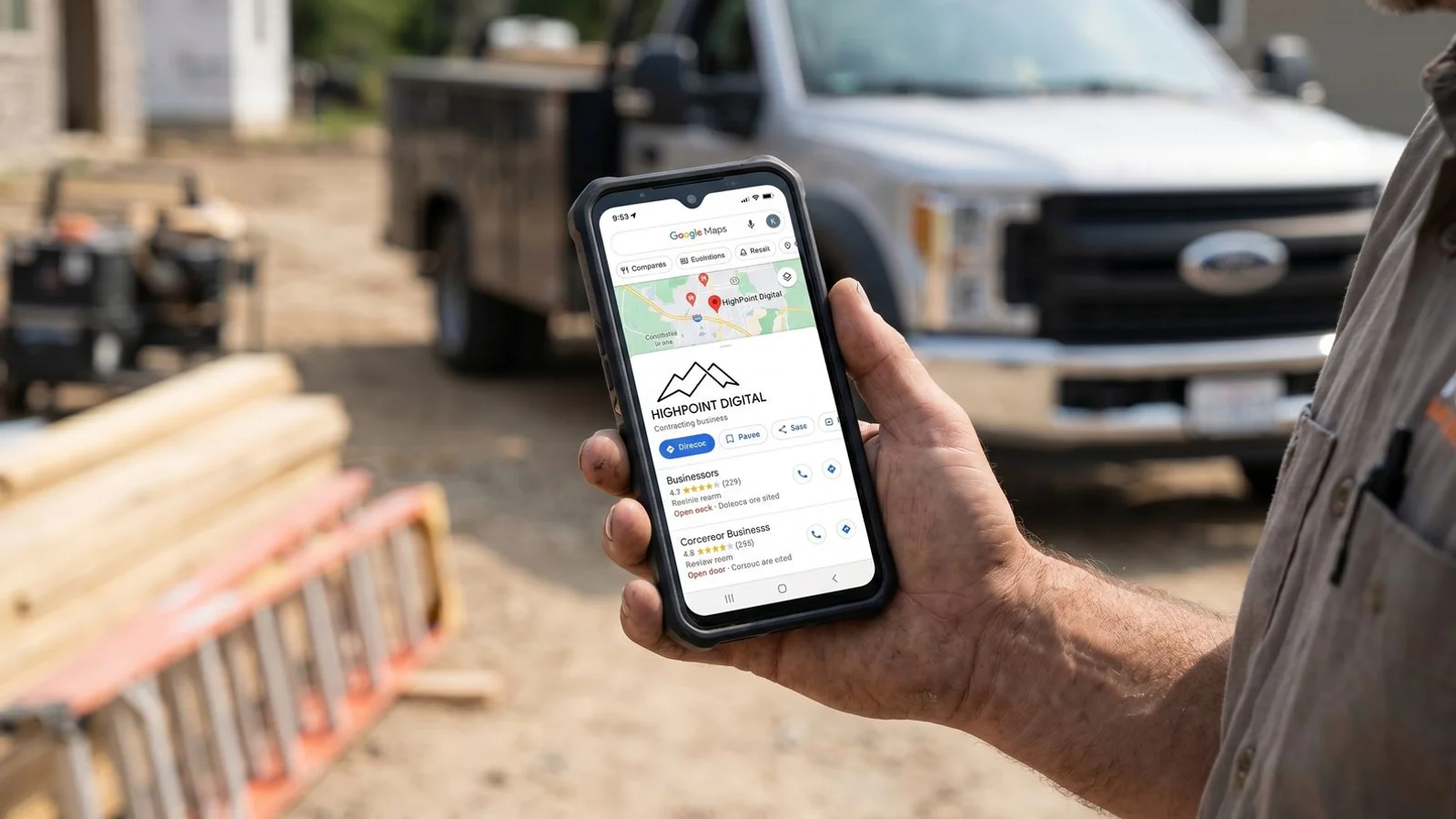 Phone displaying Google Map Pack with contractor businesses ranked