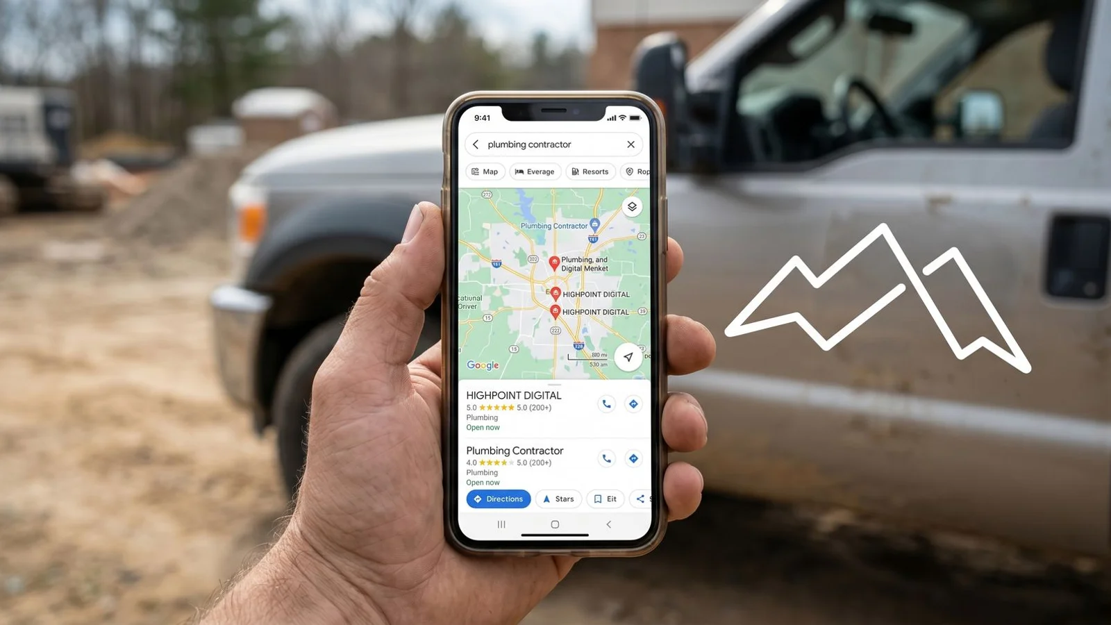 Phone displaying Google Maps with contractor business profile in Map Pack