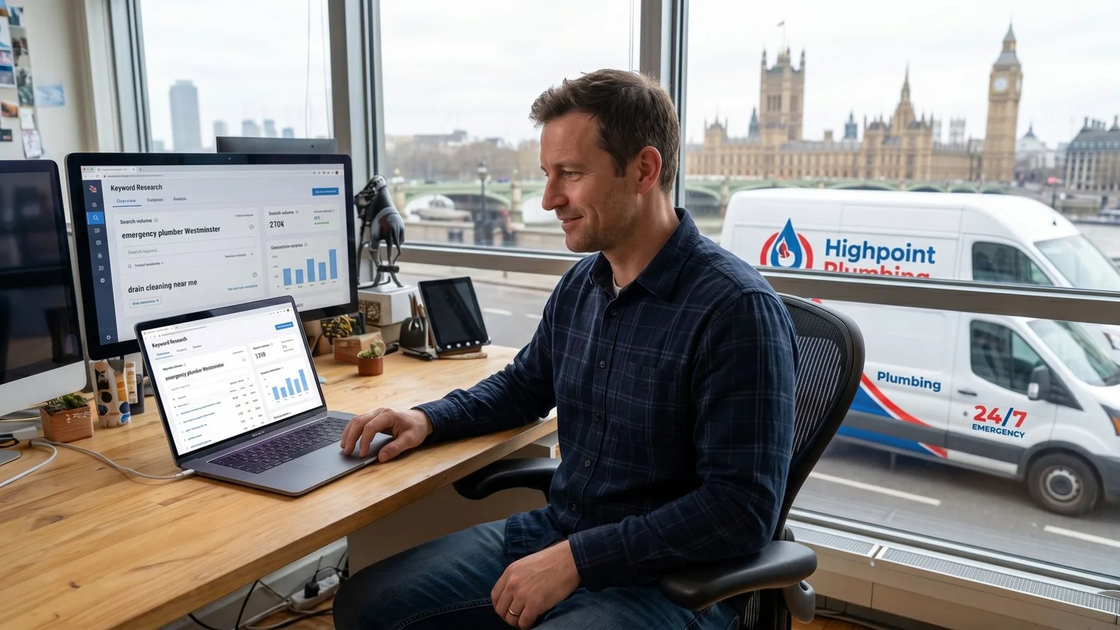 Plumber reviewing keyword research dashboard on laptop
