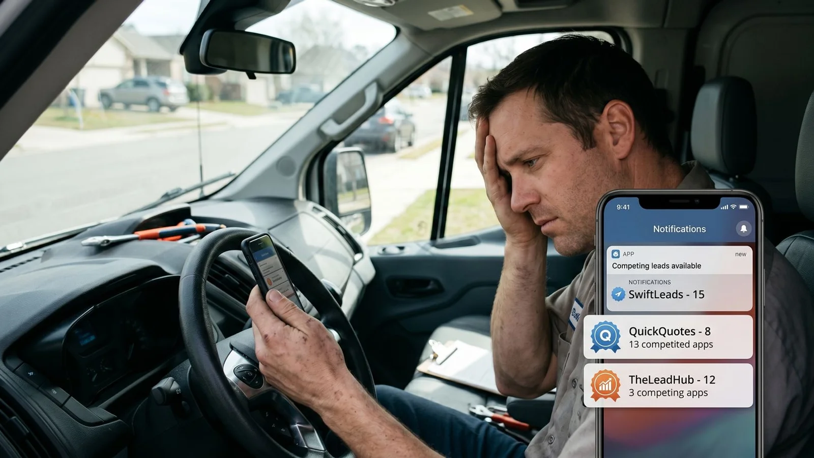 Plumber checking shared-lead alerts on phone in van