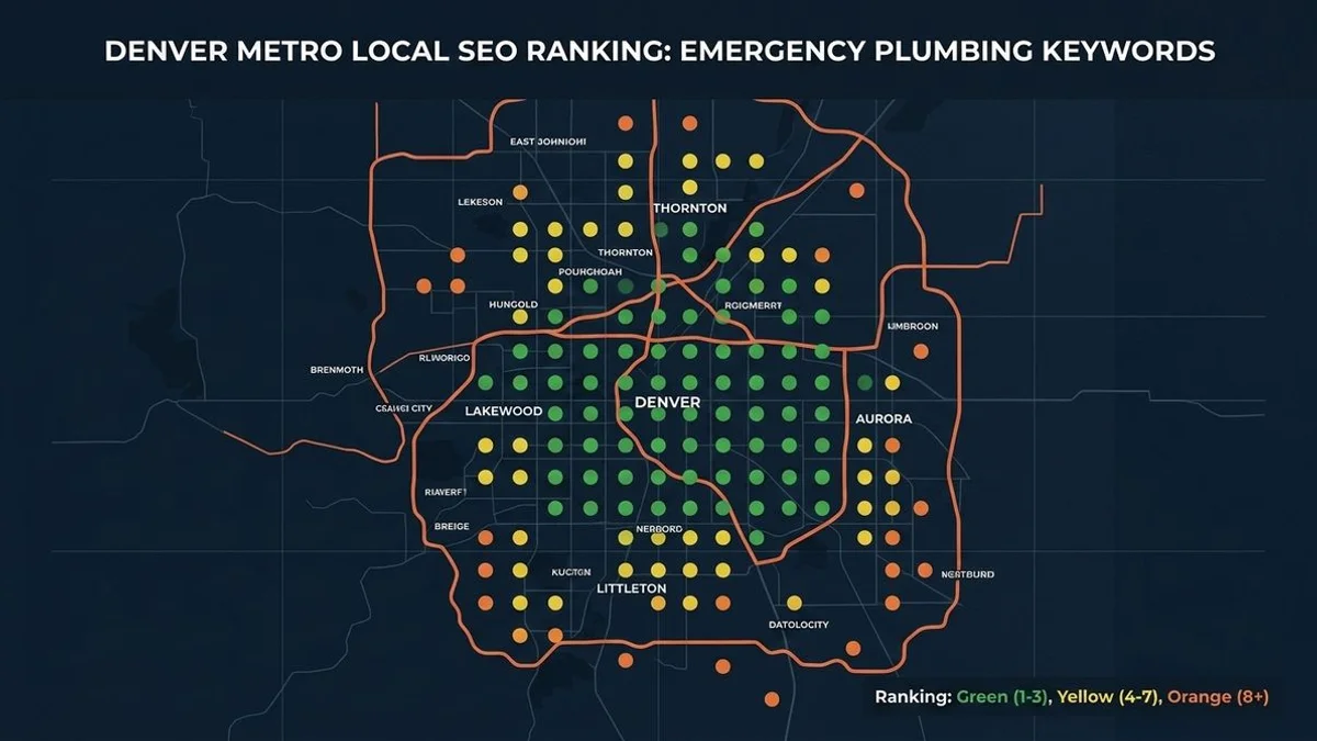 Plumber rank map showing emergency keyword rankings across Denver Metro