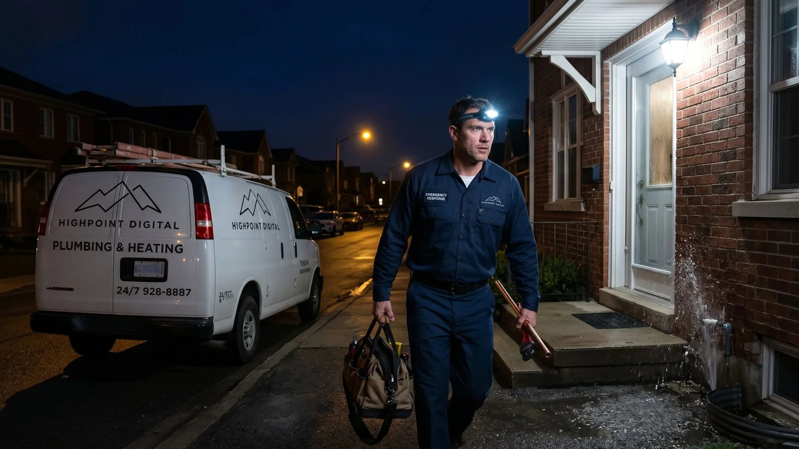 Plumber with emergency response gear working at night on burst pipe
