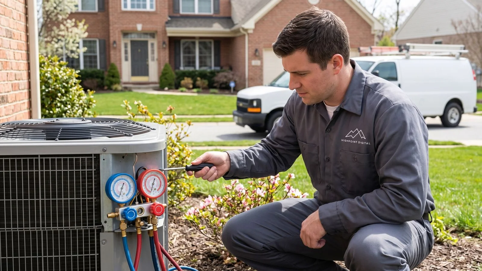 Rocket Heat & Cool HVAC technician working on outdoor condenser unit