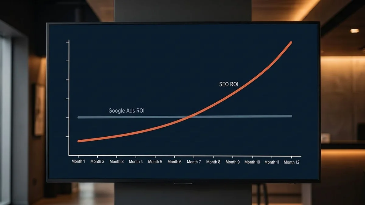 ROI curve: Ads flat vs SEO compounding over 12 months