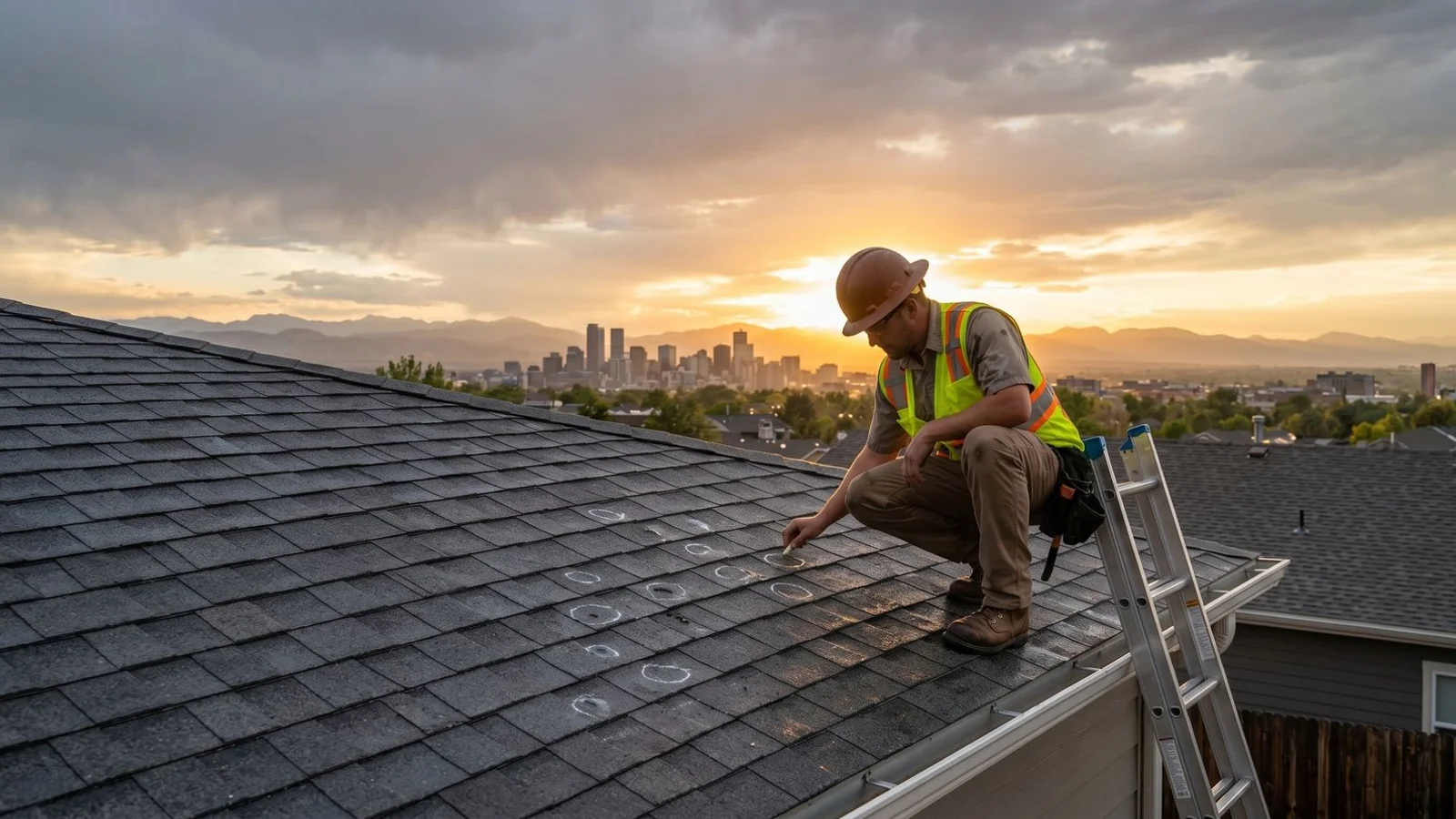 Roofer inspecting hail damage on Colorado home after storm