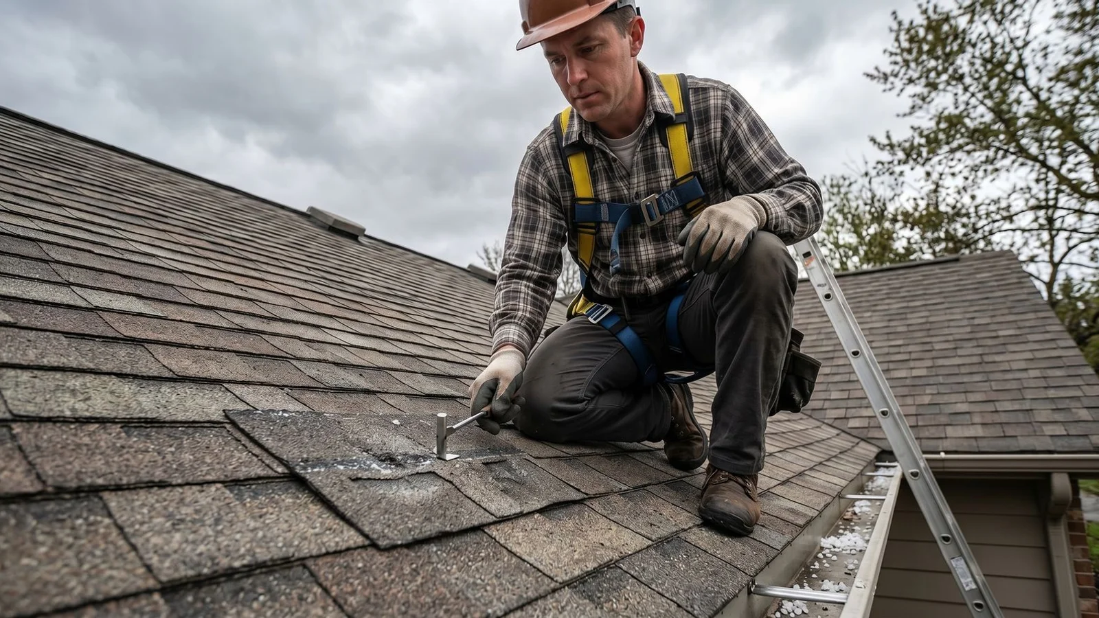 Roofer inspecting hail damage after Colorado storm