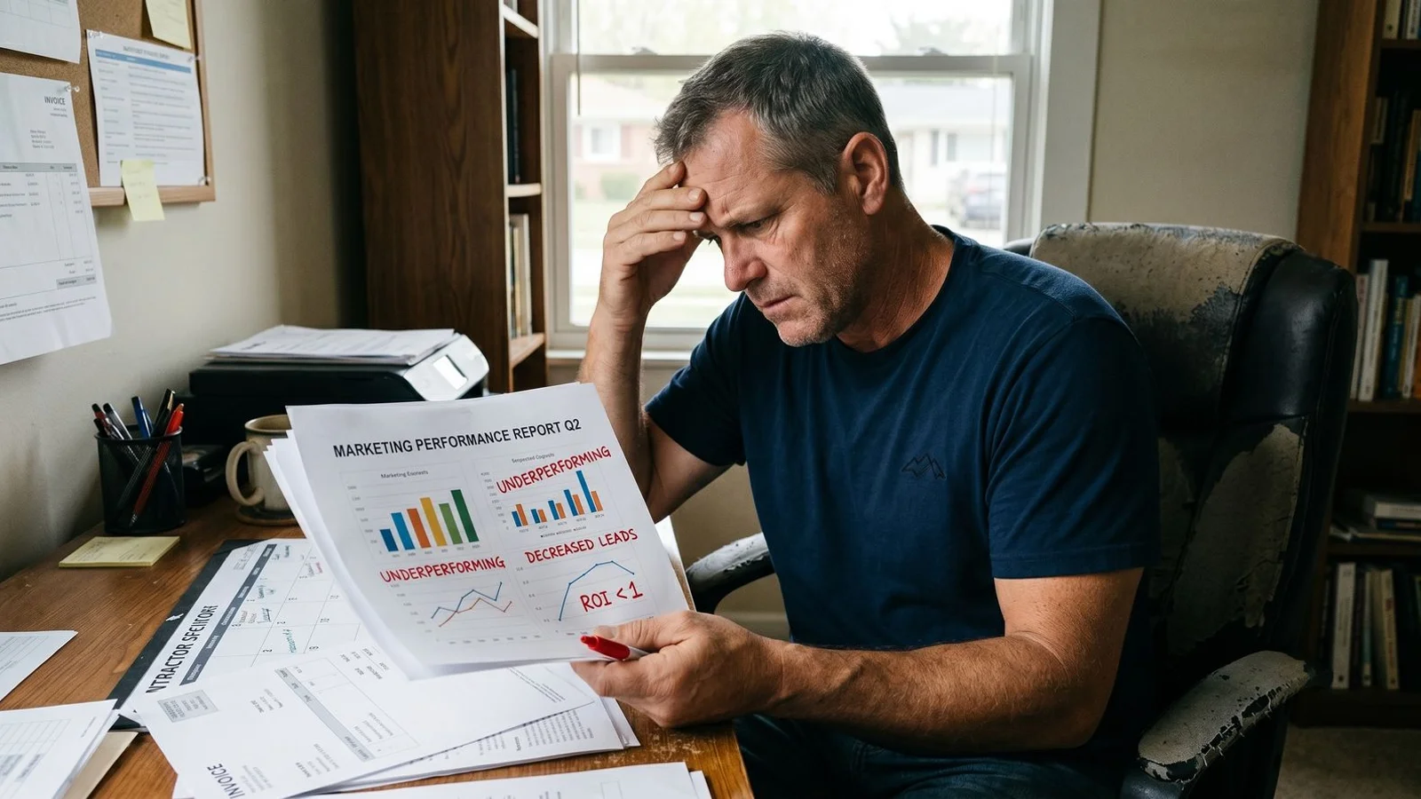 Roofing contractor reviewing failed marketing report