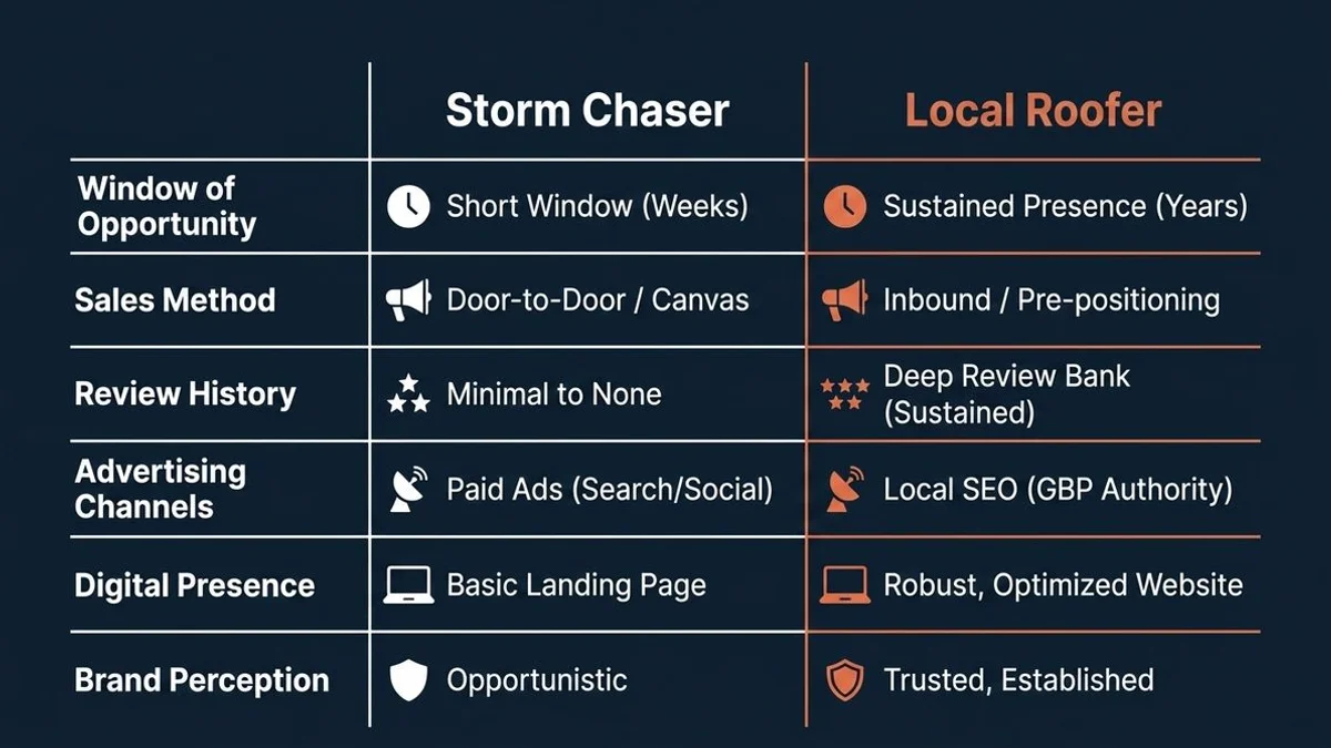 Storm chaser vs local roofer marketing comparison