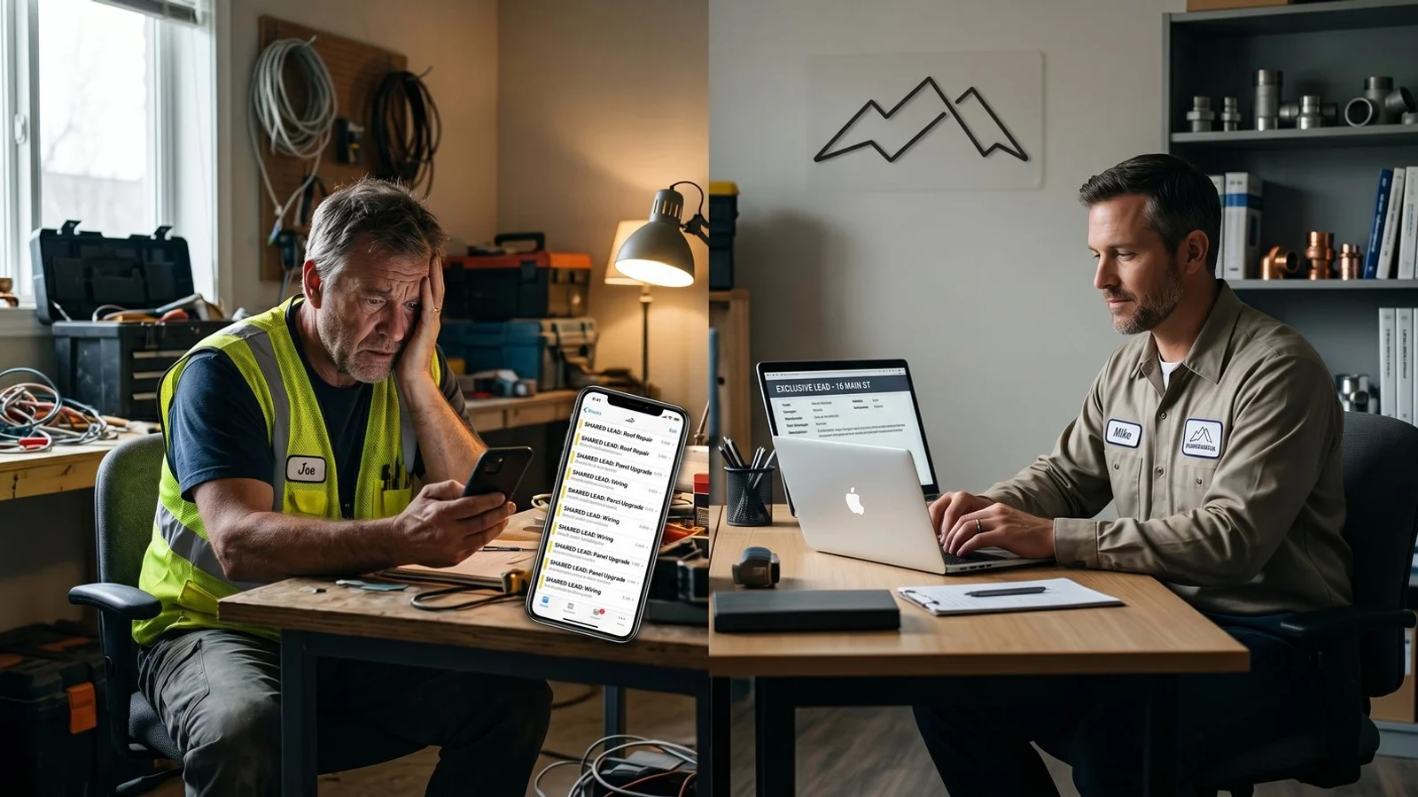 Two contractors comparing shared vs exclusive lead workflows