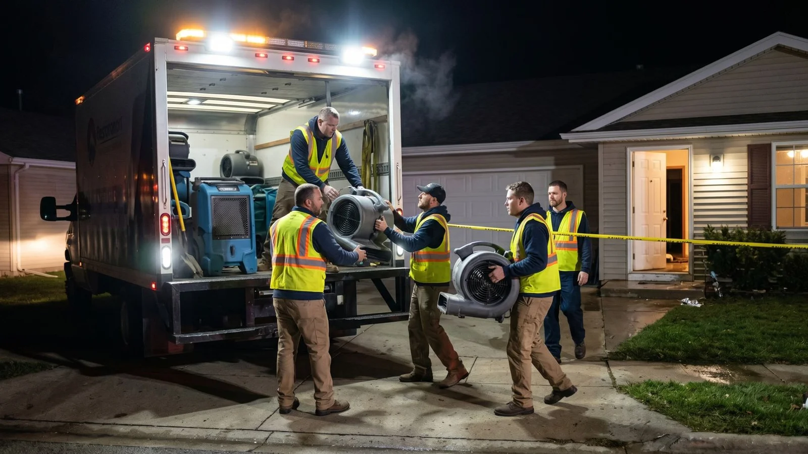 Water damage restoration team responding to emergency