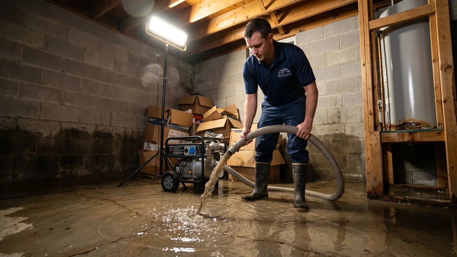 Water damage restoration technician with extraction equipment responding to flooded basement
