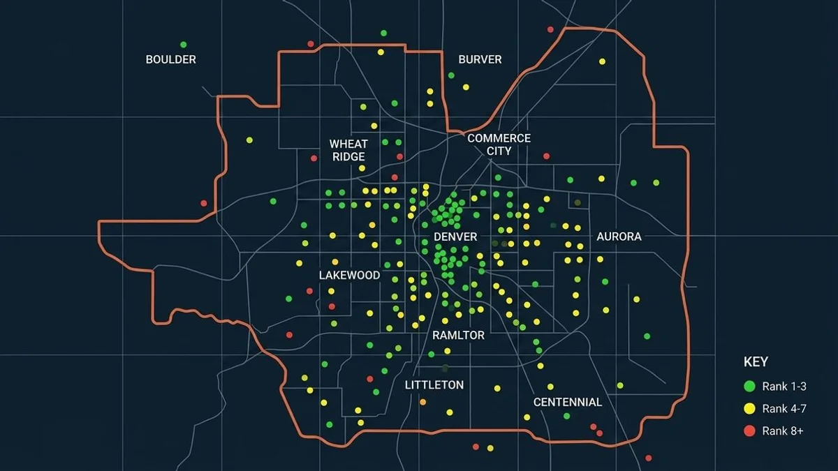 Weekly verified rank map report showing service area heat map